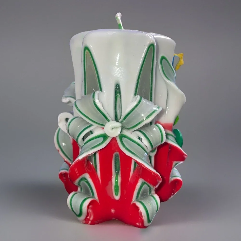 VTG Christmas Tree Hand‎ Carved Ribbon Wax Candle Designs Green Red White GID